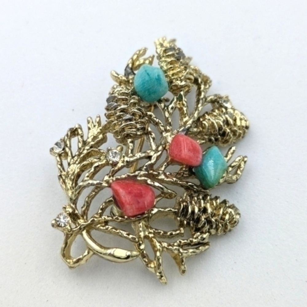 Vintage pinecone branch and gemstone brooch gold tone